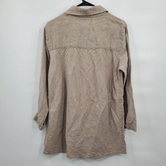 FLAX Brown Button Down Blouse Tunic Women Size Small 100% Linen Collared Long - Picture 7 of 12